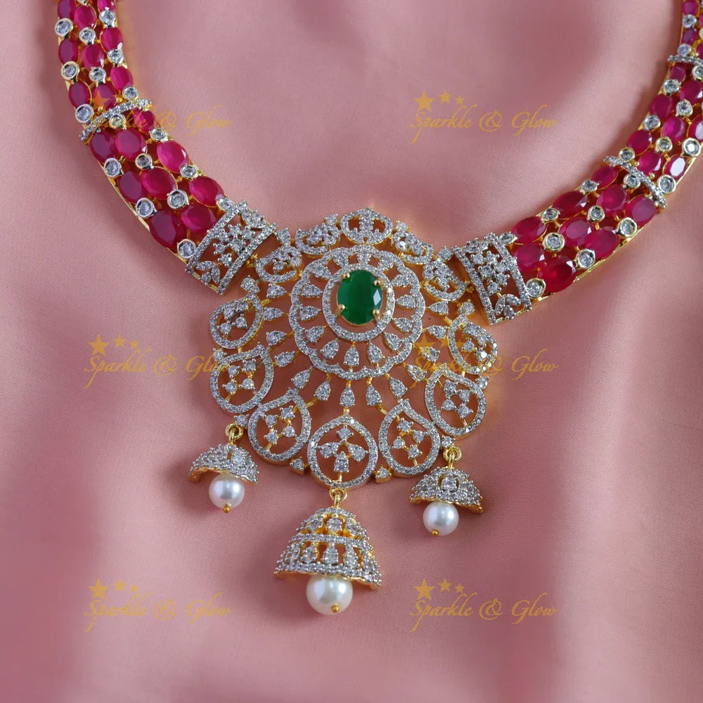 Beautiful Mango Floral American diamond short necklace with Jhumuka drop - Sparkle and Glow