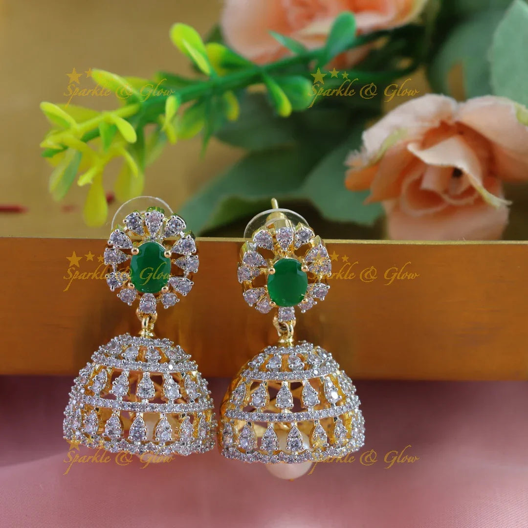 Beautiful Mango Floral American diamond short necklace with Jhumuka drop - Sparkle and Glow