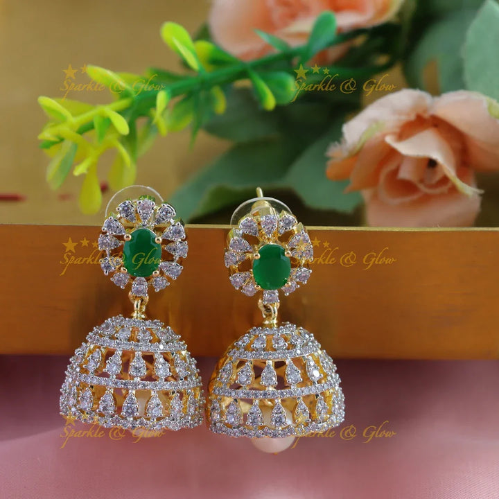 Beautiful Mango Floral American diamond short necklace with Jhumuka drop - Sparkle and Glow