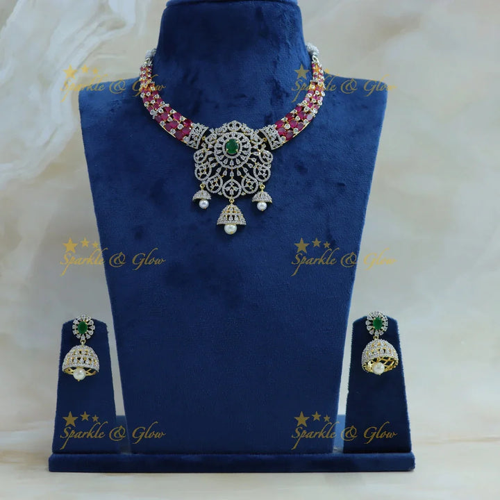 Beautiful Mango Floral American diamond short necklace with Jhumuka drop - Sparkle and Glow