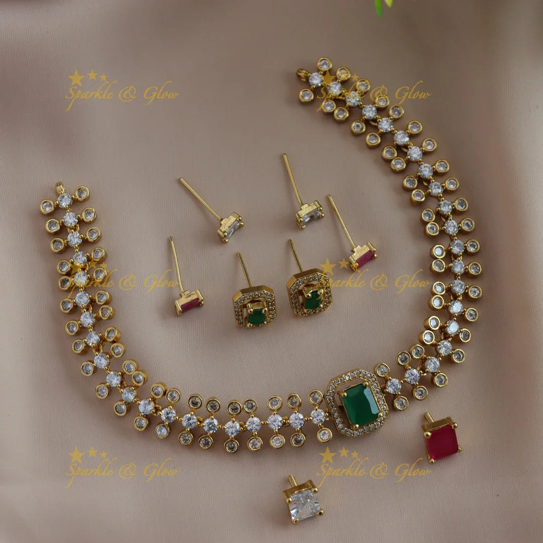 Stunning Leaflet design AD short necklace with multi colour interchangeable stones - Sparkle and Glow