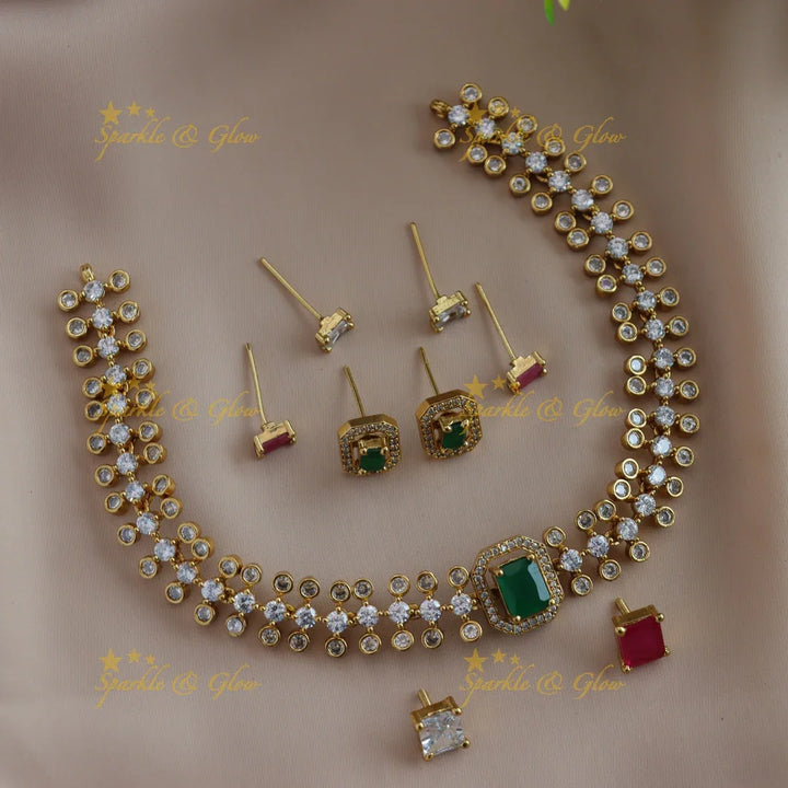 Stunning Leaflet design AD short necklace with multi colour interchangeable stones - Sparkle and Glow