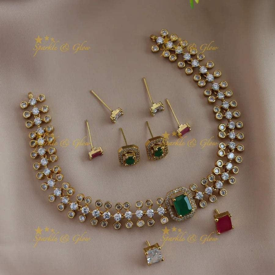 Stunning Leaflet design AD short necklace with multi colour interchangeable stones - Sparkle and Glow