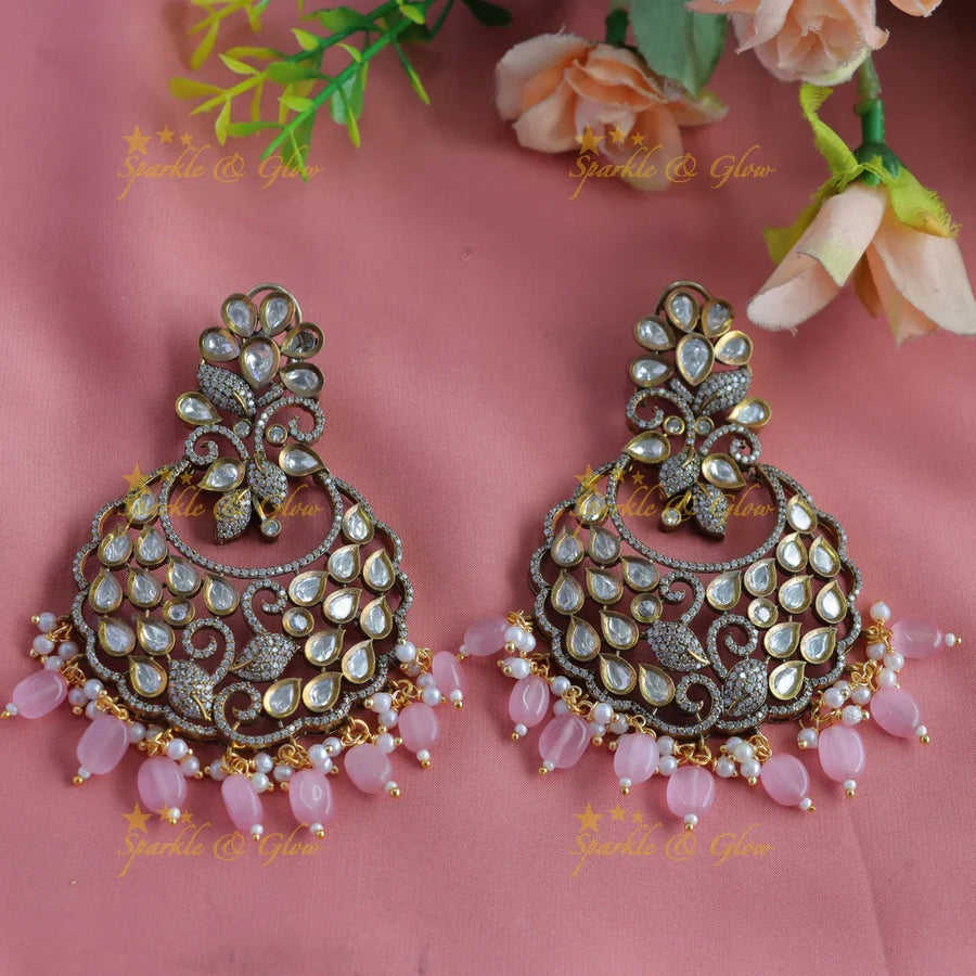 Sparkling Floral Studded Victorian AD Chandbali Earrings-Lightpink - Sparkle and Glow