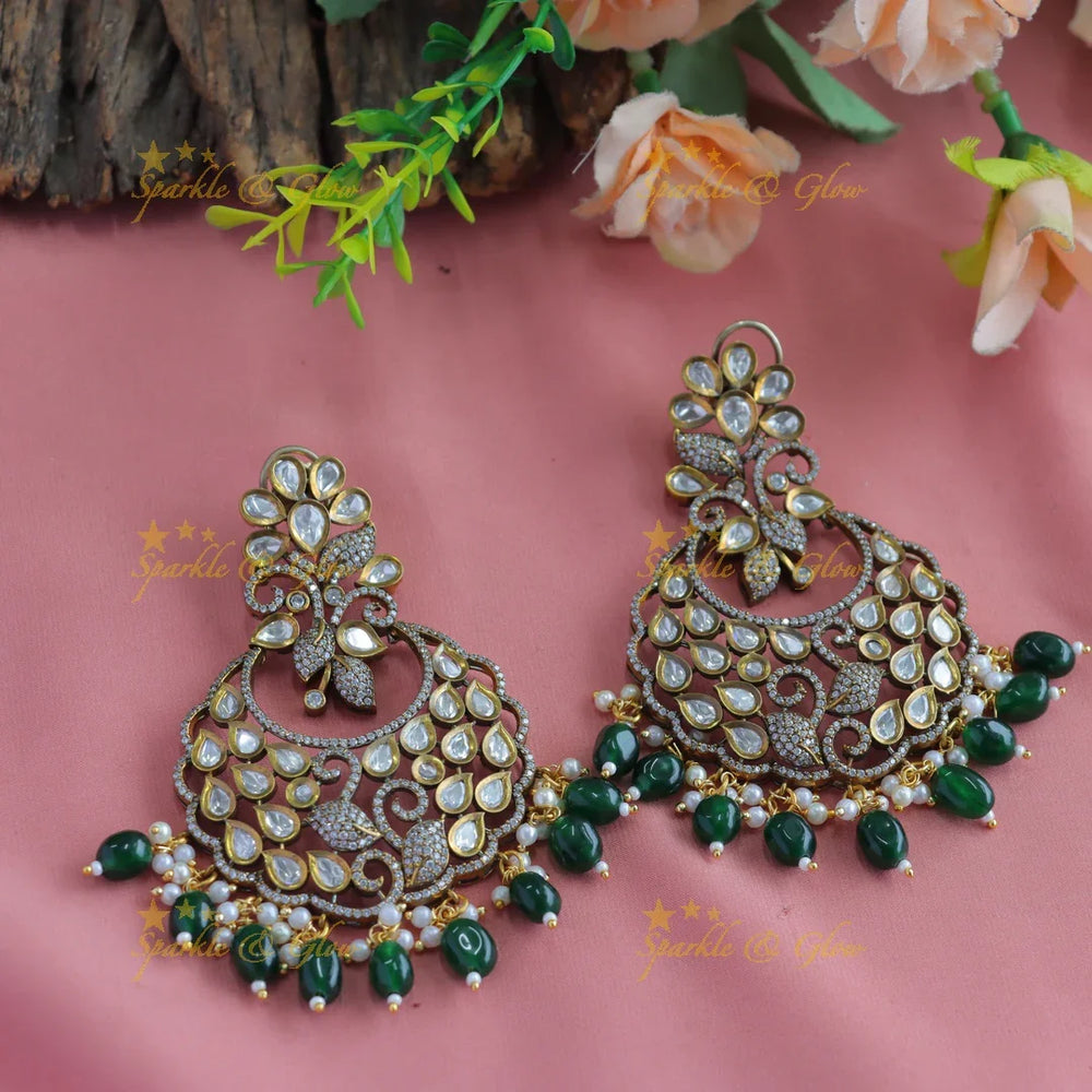 Sparkling Floral Studded Victorian AD Chandbali Earrings-Lightpink - Sparkle and Glow