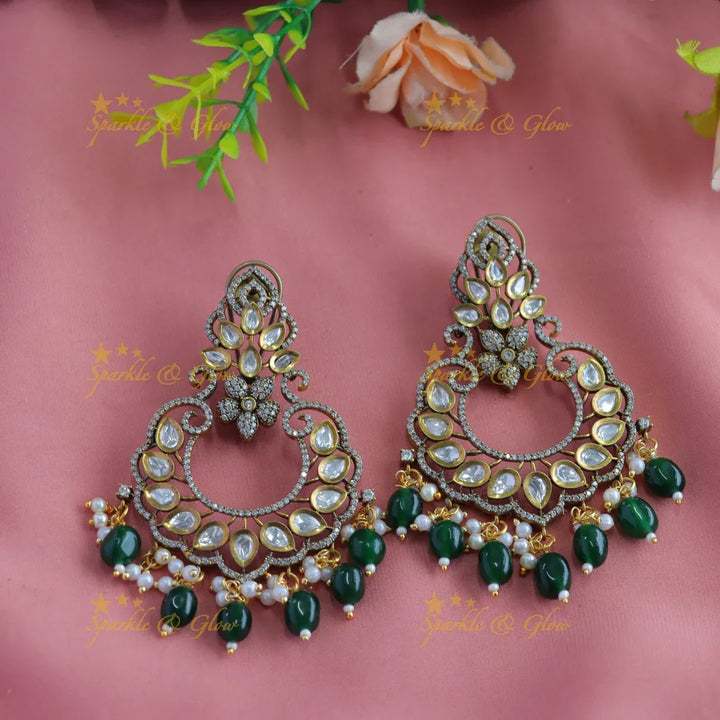 Elegant Floral crown design Victorian AD Chandbali Earrings-Green - Sparkle and Glow