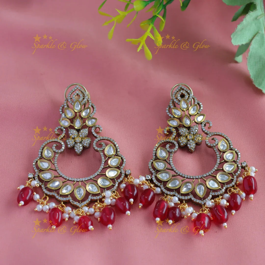 Elegant Floral crown design Victorian AD Chandbali Earrings-Green - Sparkle and Glow