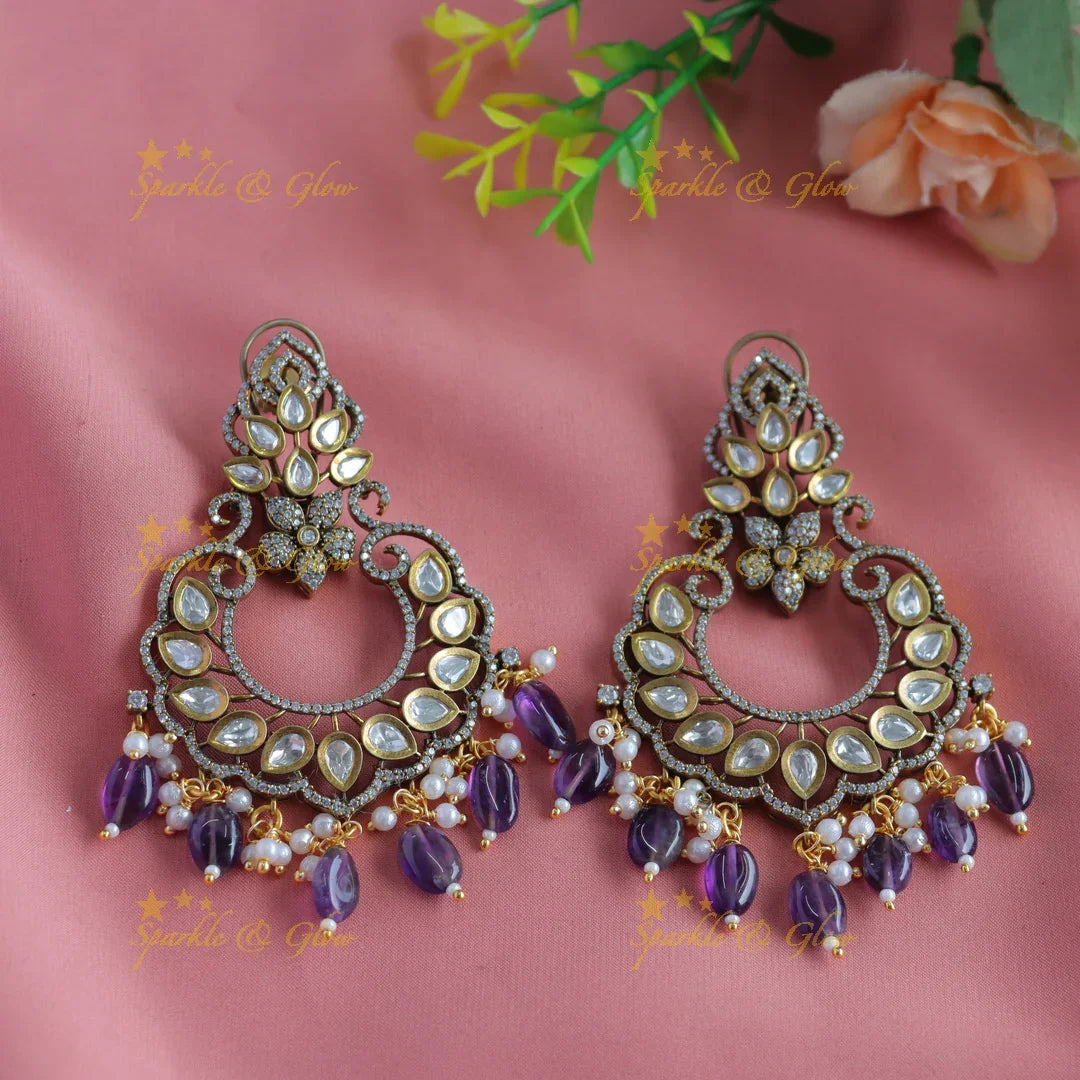 Elegant Floral crown design Victorian AD Chandbali Earrings-Green - Sparkle and Glow