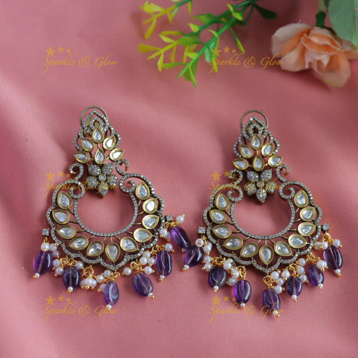 Elegant Floral crown design Victorian AD Chandbali Earrings-Green - Sparkle and Glow