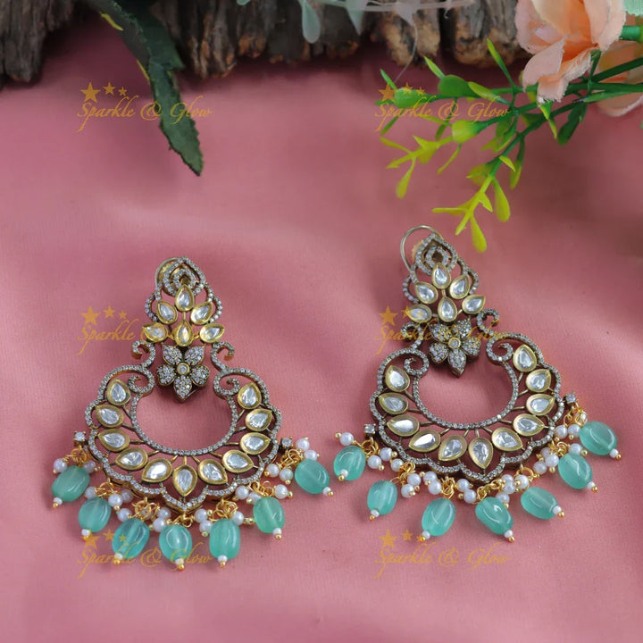 Elegant Floral crown design Victorian AD Chandbali Earrings-Green - Sparkle and Glow
