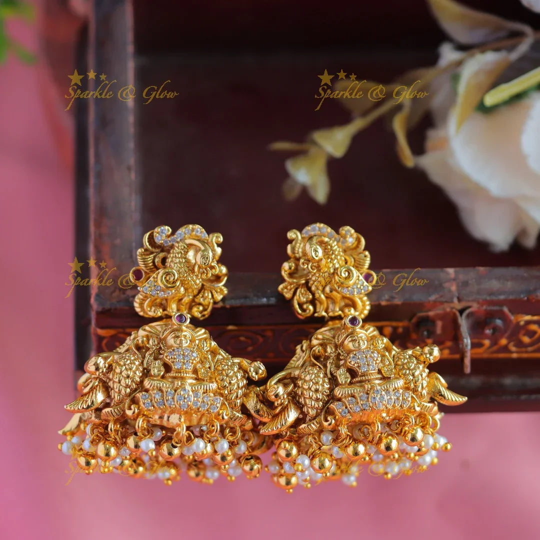 Beautiful Antique Peacock Lakshmi carved guttapusalu jhumukas - Sparkle and Glow