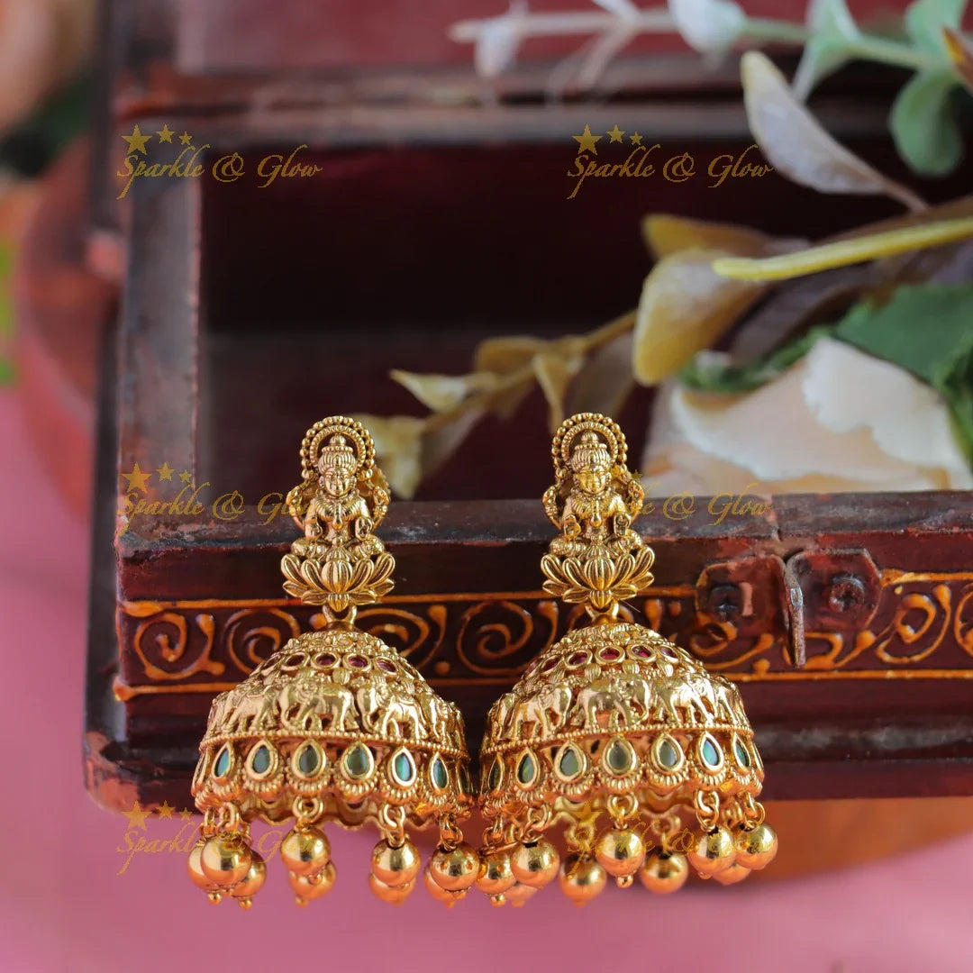 Gracious Idol Lakshmi Studded Elephant design Kemp jhumukas with gold beads - Sparkle and Glow