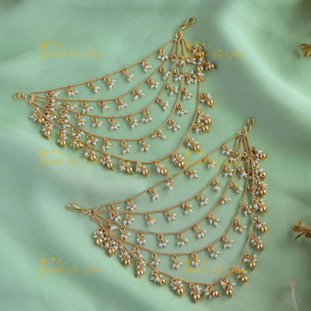 Statement Gold alike Five layered Earchain with pearls and gold beads - Sparkle and Glow