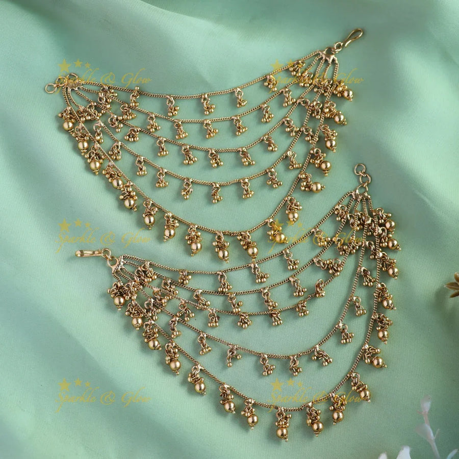 Statement Gold alike Five layered Earchain with pearls and gold beads - Sparkle and Glow