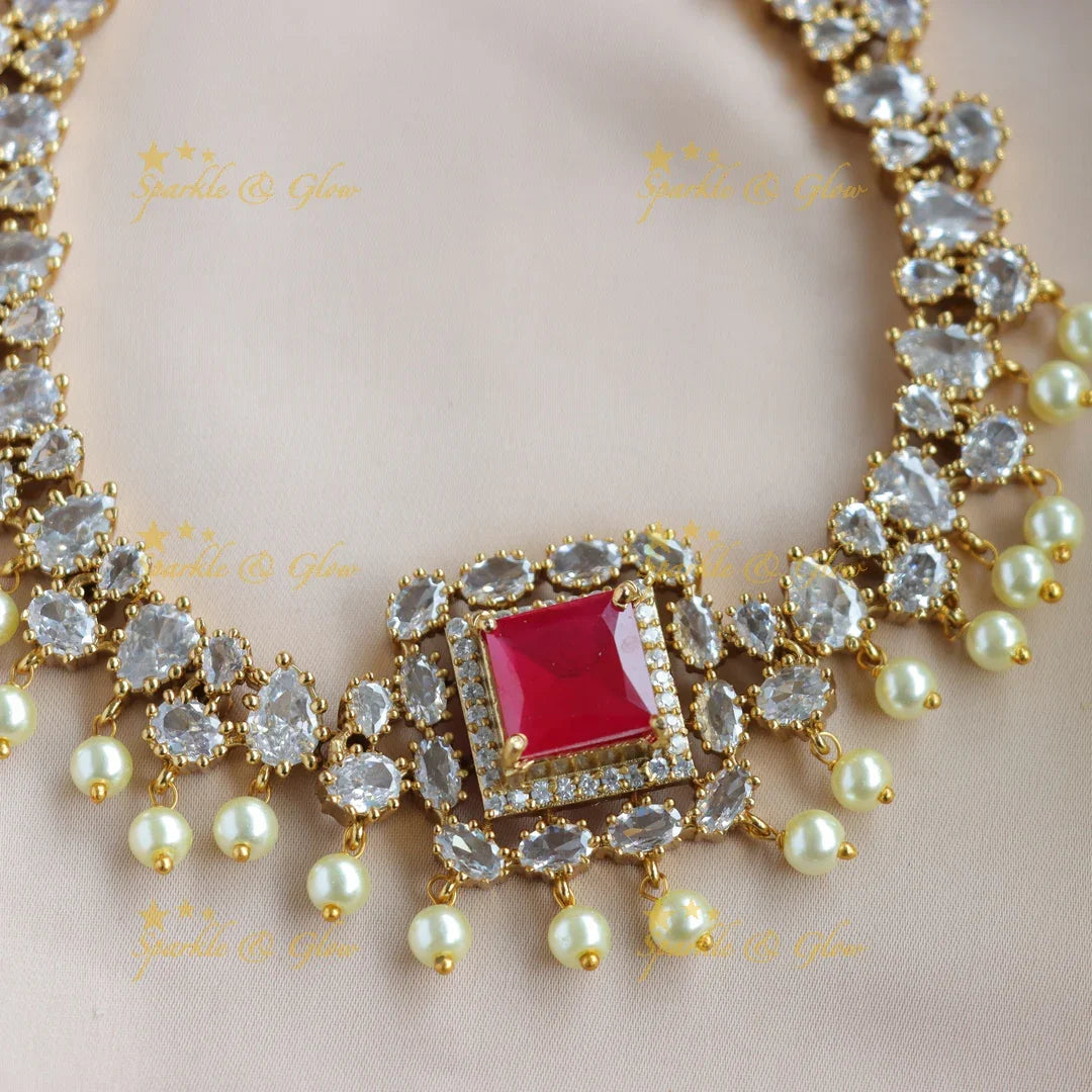 Sprkling Square and oval stone AD short necklace with ruby and pearl drops - Sparkle and Glow