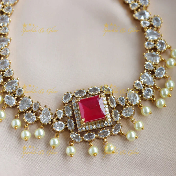 Sprkling Square and oval stone AD short necklace with ruby and pearl drops - Sparkle and Glow