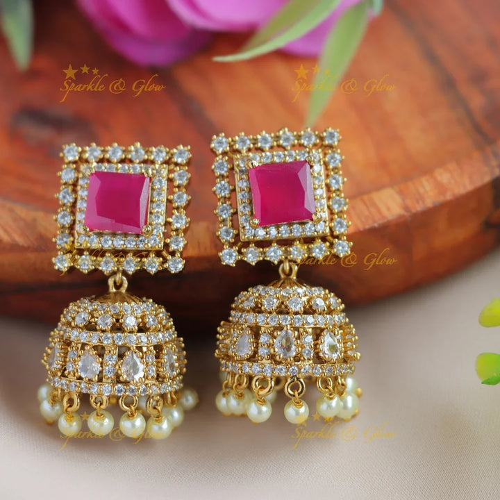 Sprkling Square and oval stone AD short necklace with ruby and pearl drops - Sparkle and Glow