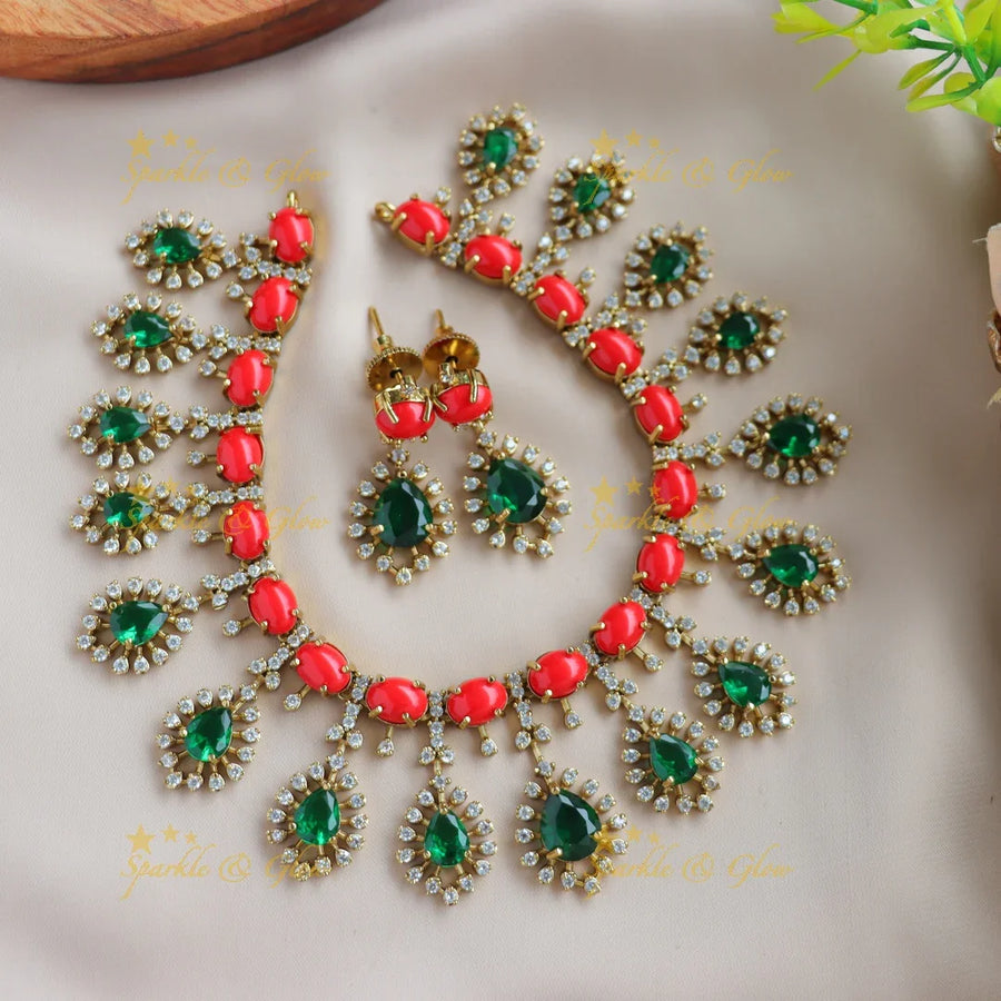 Beautiful Water drop design AD short necklace with coral and emeralds - Sparkle and Glow