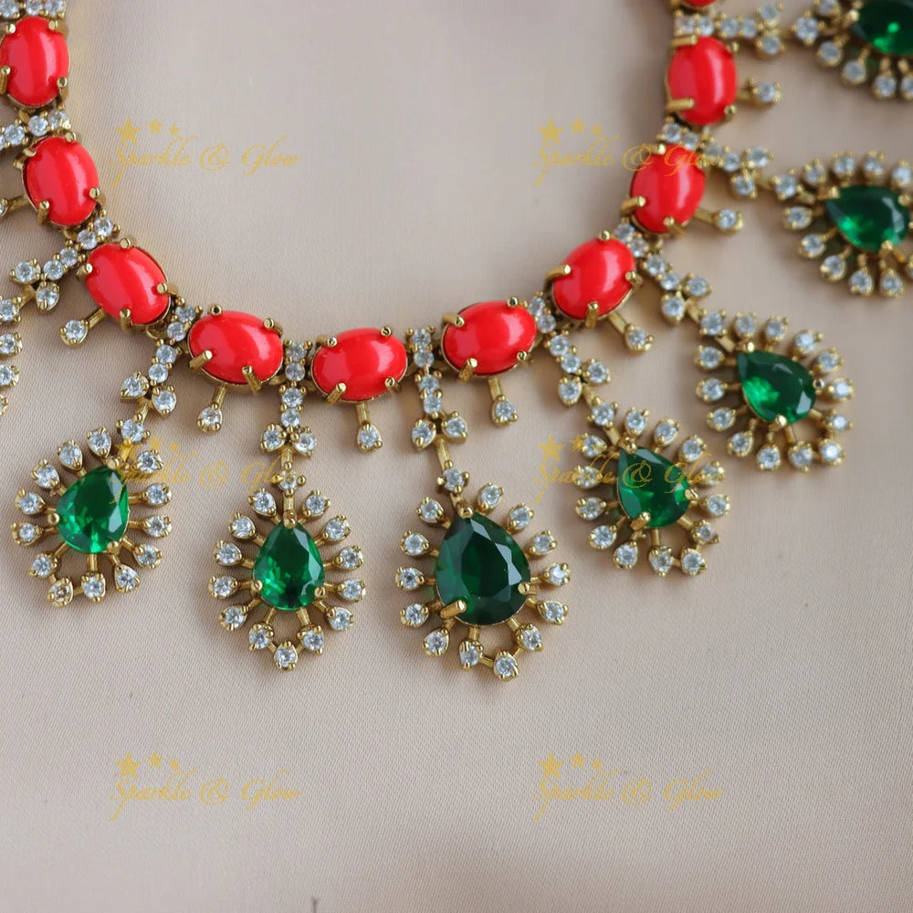 Beautiful Water drop design AD short necklace with coral and emeralds - Sparkle and Glow