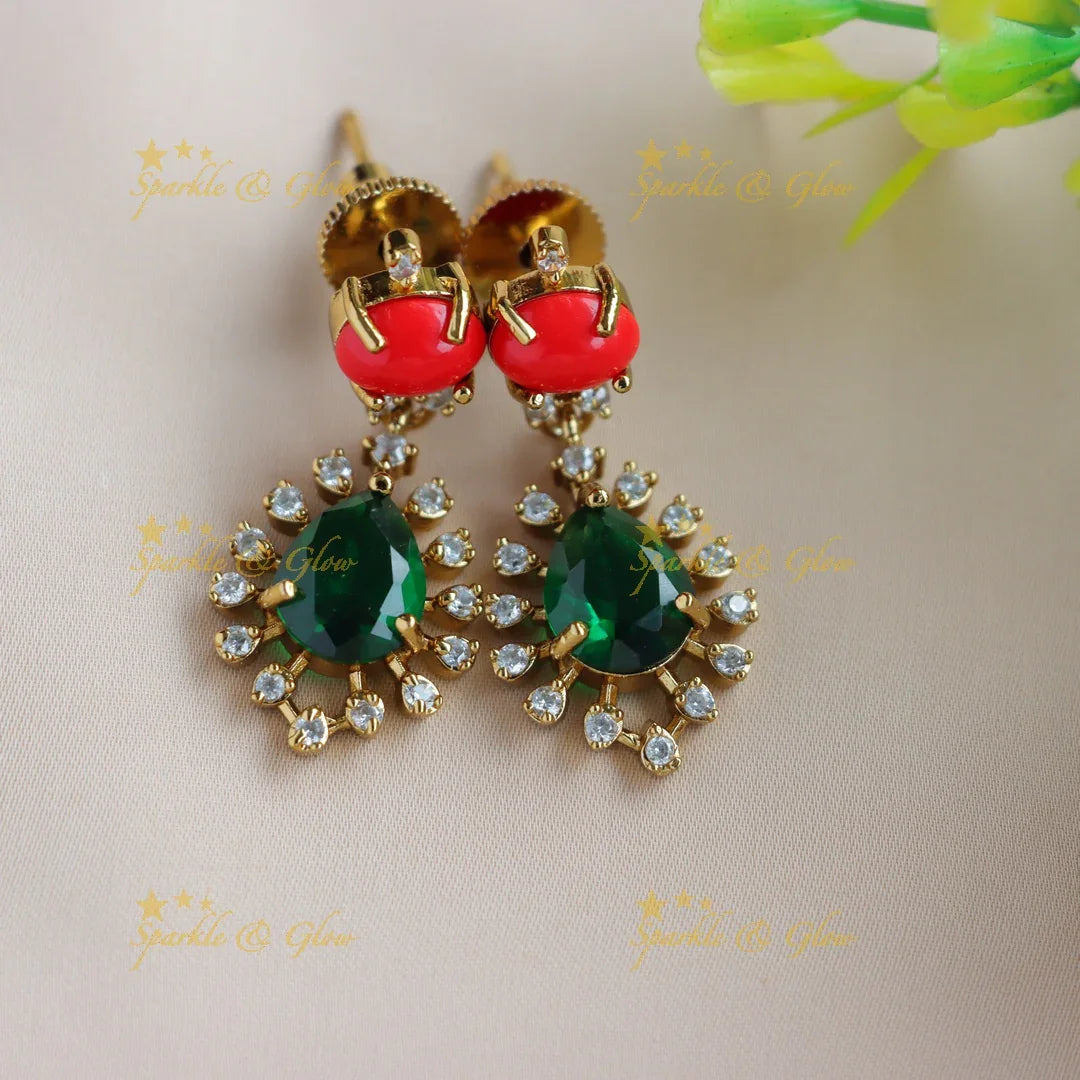 Beautiful Water drop design AD short necklace with coral and emeralds - Sparkle and Glow