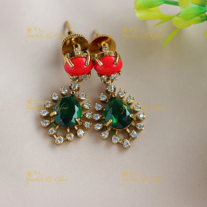 Beautiful Water drop design AD short necklace with coral and emeralds - Sparkle and Glow