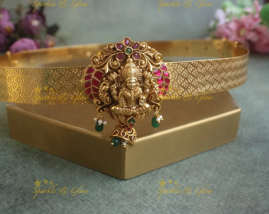 Elegant Lakshmi Elephant Floral Pendant carved Jadau Hipbelt - Sparkle and Glow
