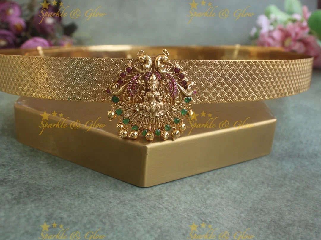 Idol Lakshmi Peacock pendant carved plain Hipbelt - Sparkle and Glow