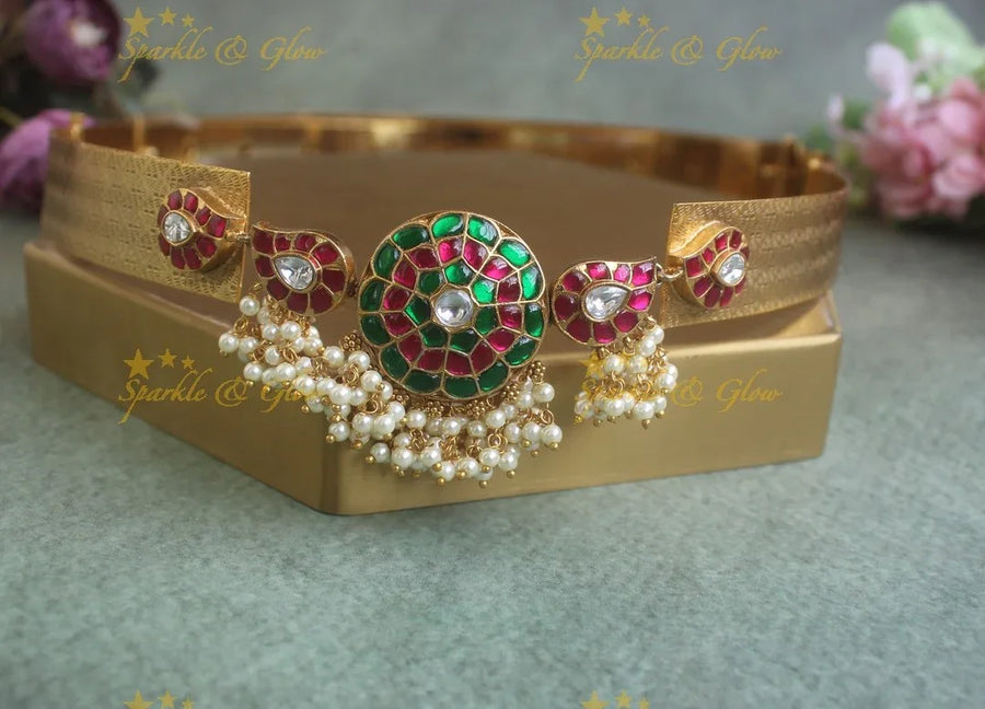 Sparkling Floral Mango pendant carved Jadau guttapusalu Hipbelt - Sparkle and Glow