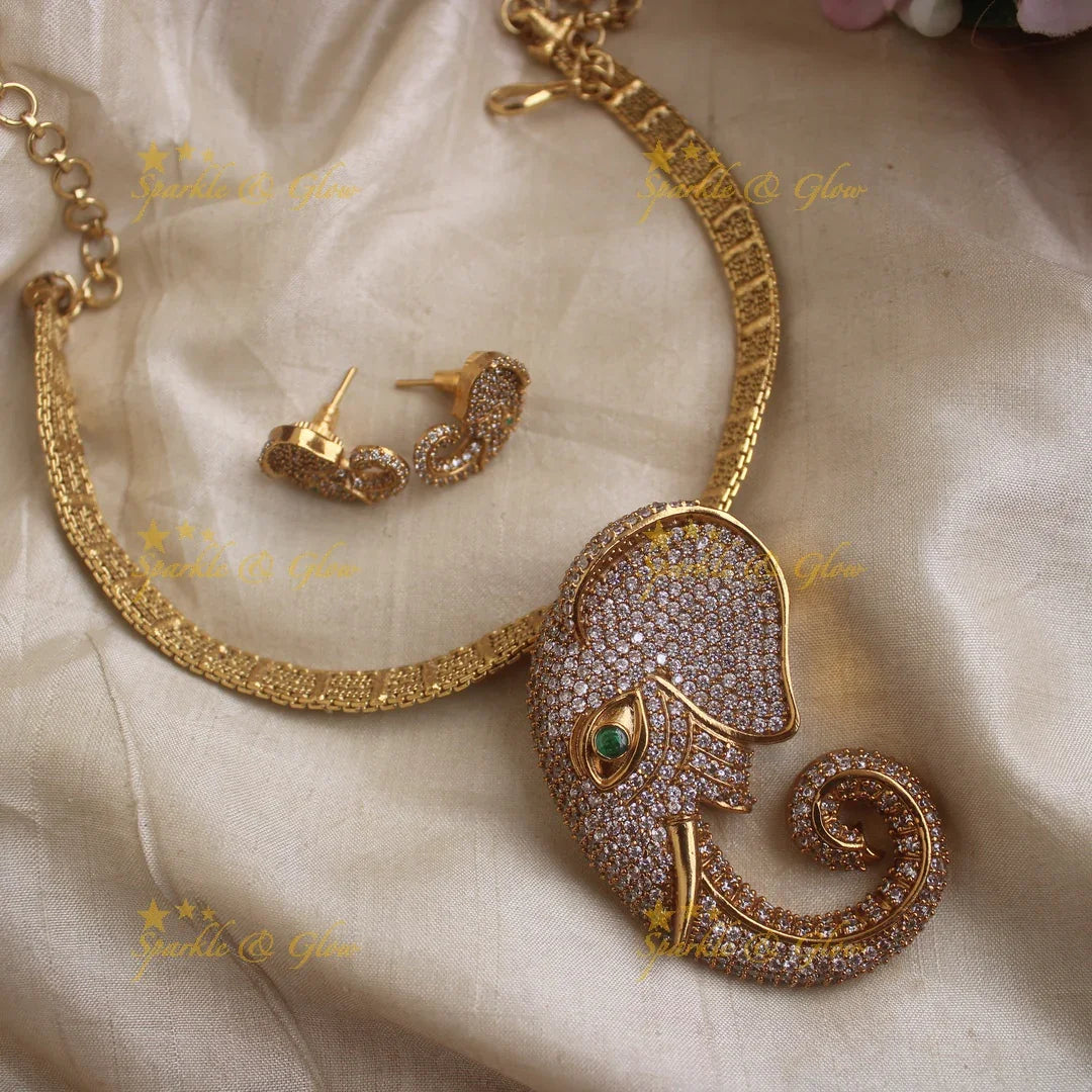 Sparkling Elephant Pendant short necklace with AD stones - Sparkle and Glow
