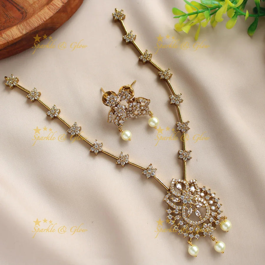 Stunning Floral leaf design Water AD short necklace with pearl drops - Sparkle and Glow