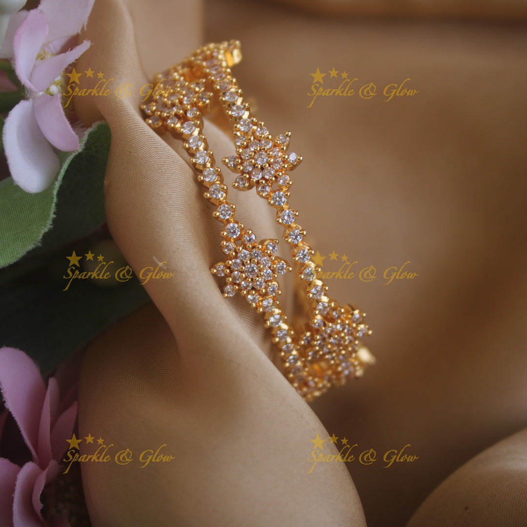 Statement Floral design bangles with stones, a pair , 2.4