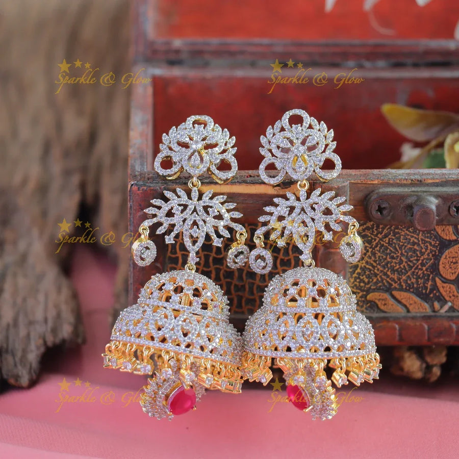 Grand Floral Leaf design American Diamond jhumukas-Pink - Sparkle and Glow