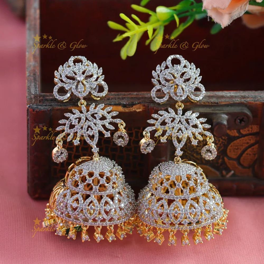 Grand Floral Leaf design American Diamond jhumukas-Pink - Sparkle and Glow