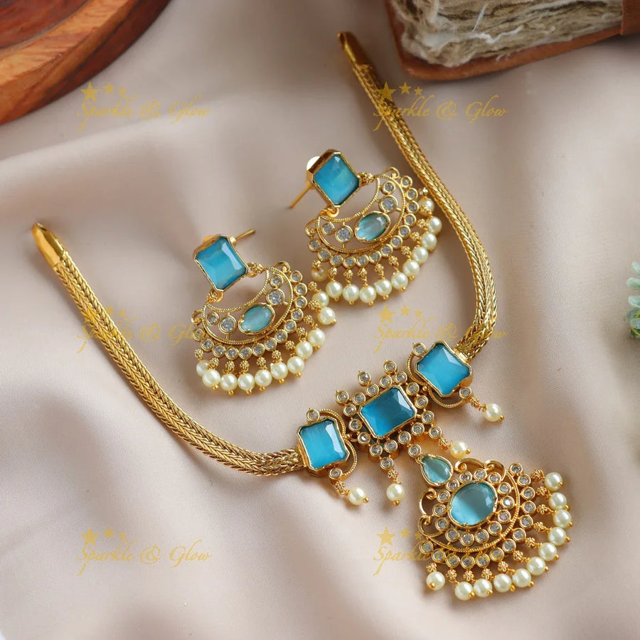 Statement Floral design rectangle stone short necklace with pearl drops - blue - Sparkle and Glow