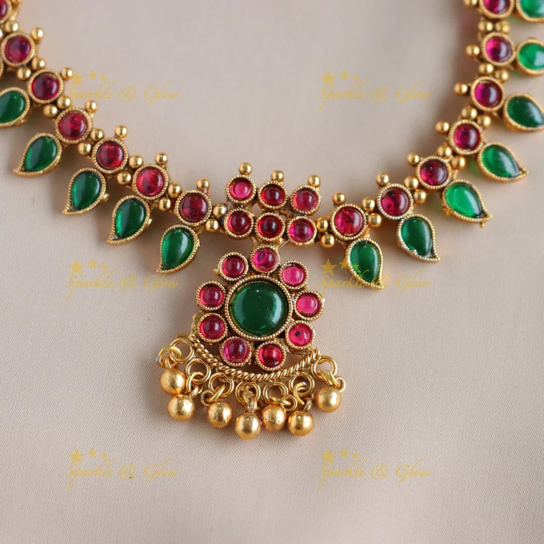 Elegant Floral mango design kemp stone short necklace with gold beads - Sparkle and Glow