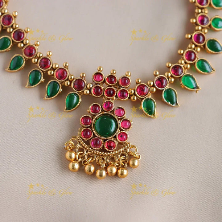 Elegant Floral mango design kemp stone short necklace with gold beads - Sparkle and Glow
