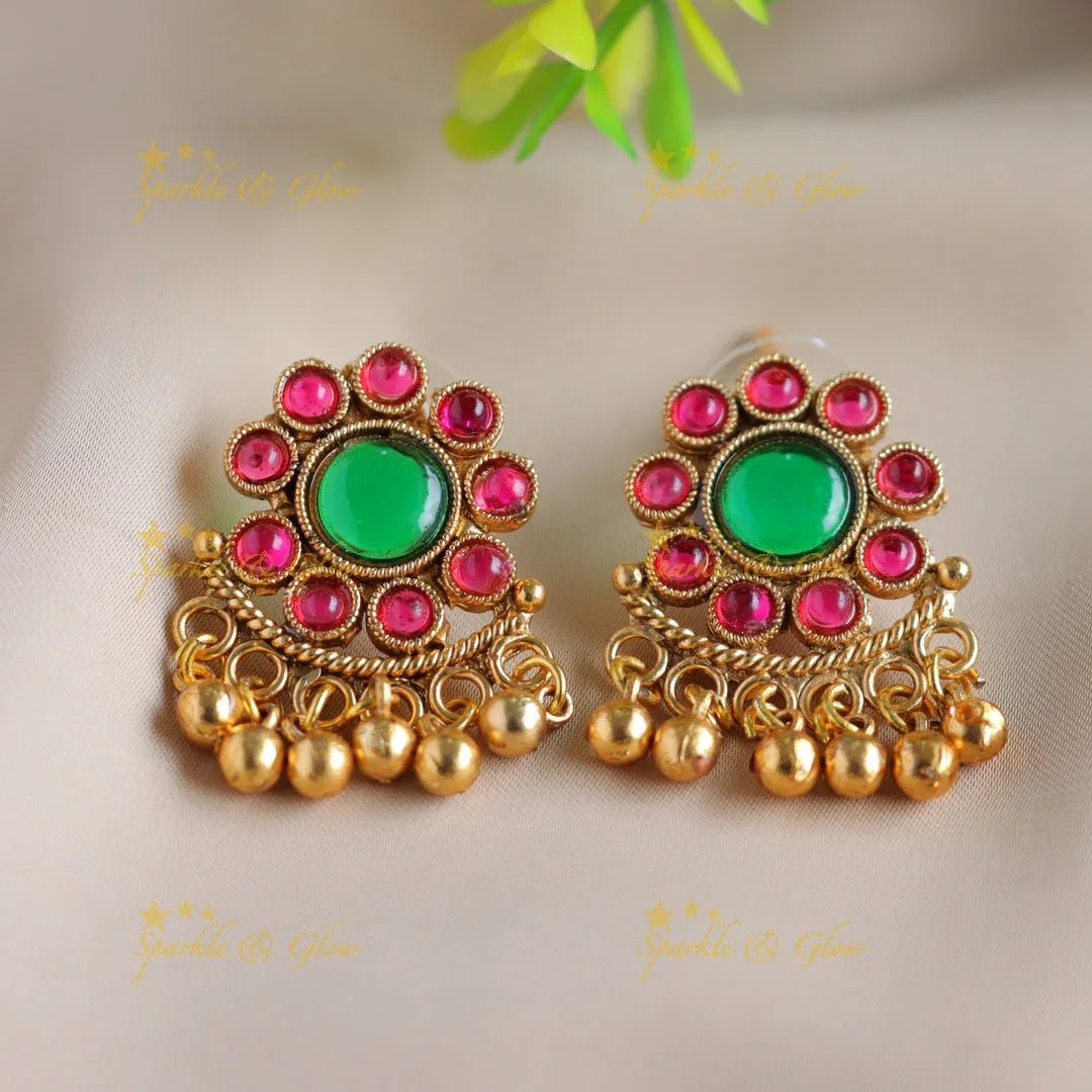 Elegant Floral mango design kemp stone short necklace with gold beads - Sparkle and Glow