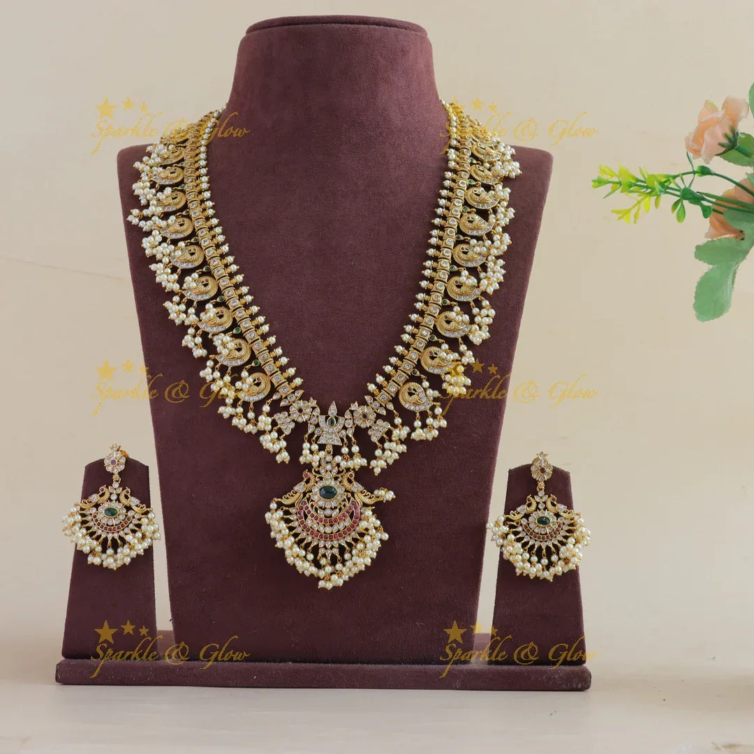 Gorgeous Mango peacock gutta pusalu haram with ruby emerald and CZ stones - Sparkle and Glow