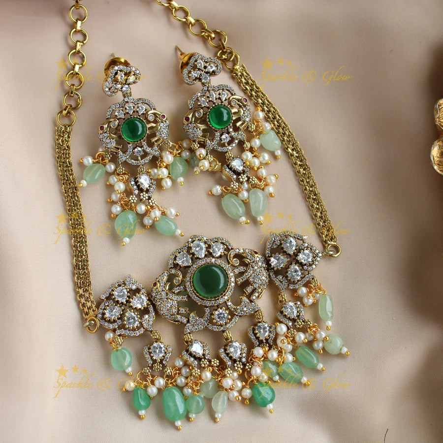 Stunning Elephant floral design victorian AD choker with mint green beads and stones - Sparkle and Glow
