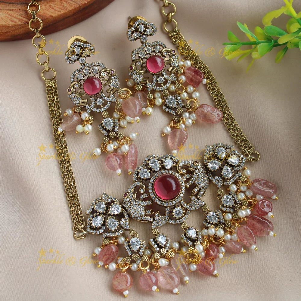 Stunning Elephant floral design victorian AD choker with mint green beads and stones - Sparkle and Glow