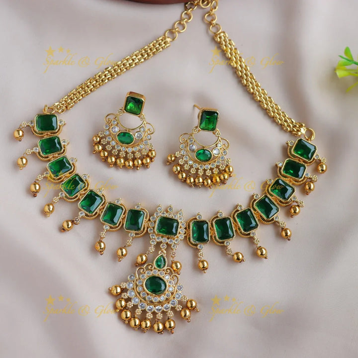 Gorgeous Floral design rectangle stone short necklace with gold beads - Sparkle and Glow