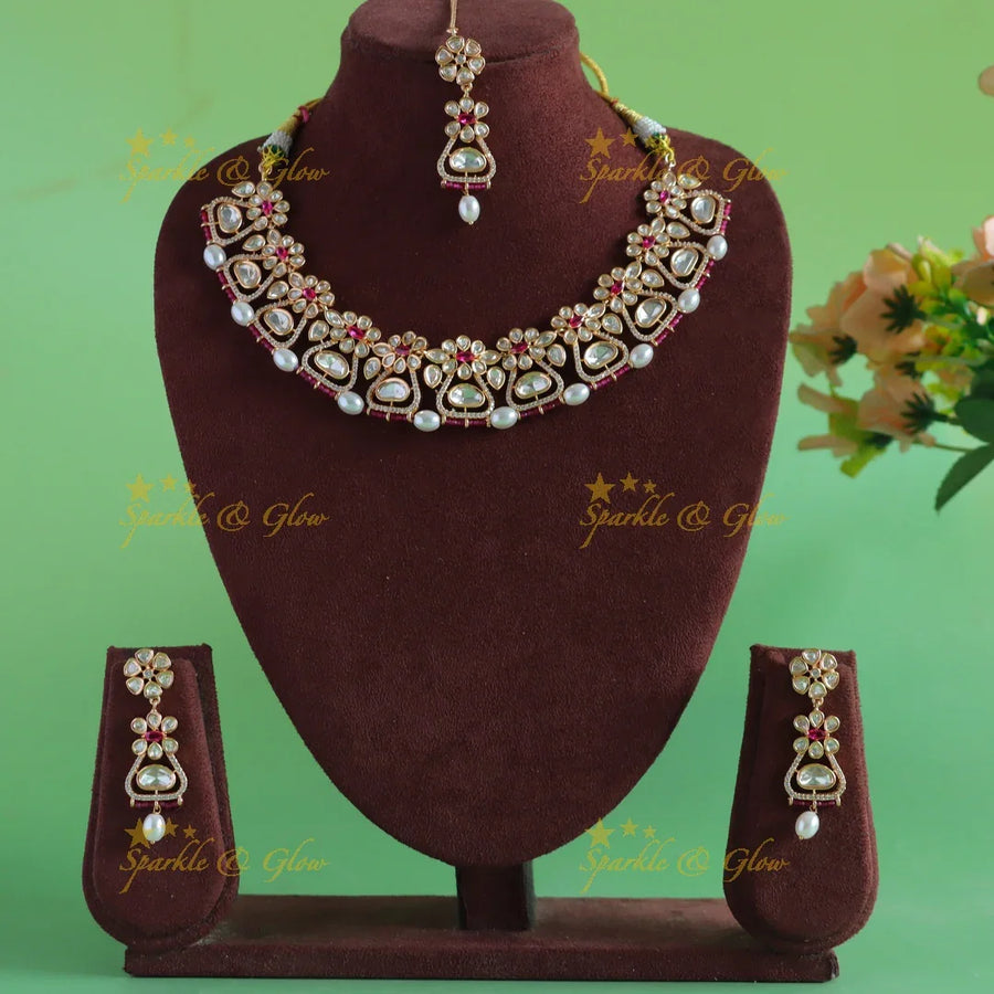 Gracious Floral U shape design Victorian AD short necklace with Kundan stones and maangtikka - Sparkle and Glow