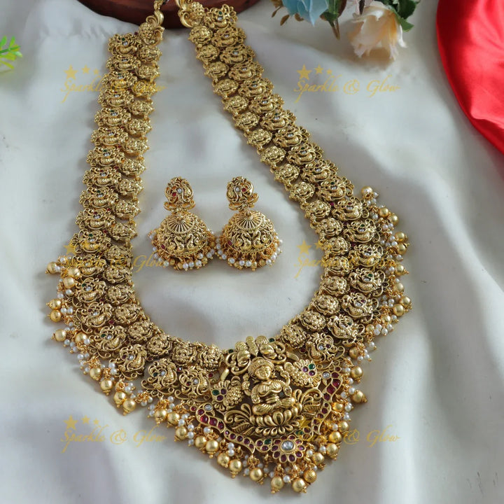Grand Lakshmi peacock carved bridal long necklace with stones pearls and gold beads - Sparkle and Glow