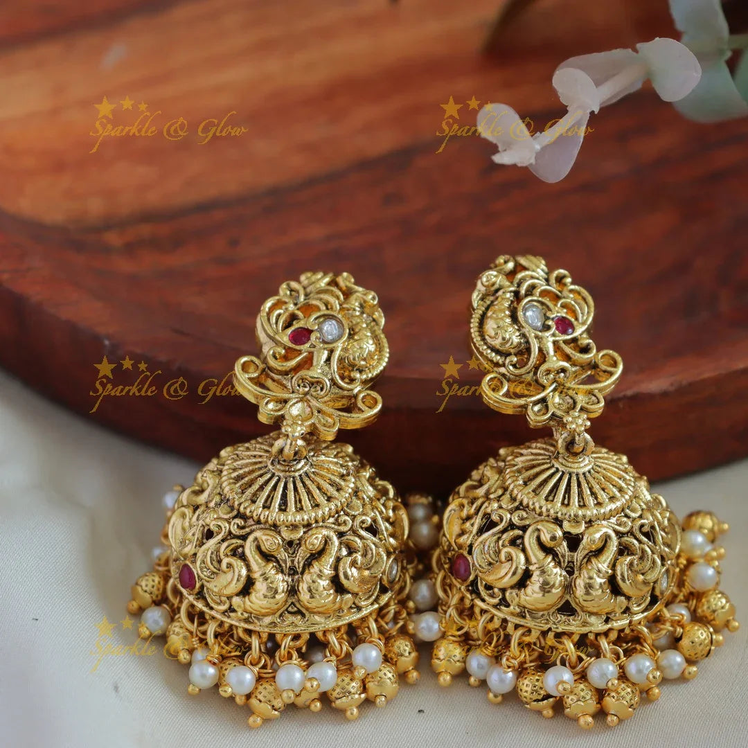 Grand Lakshmi peacock carved bridal long necklace with stones pearls and gold beads - Sparkle and Glow