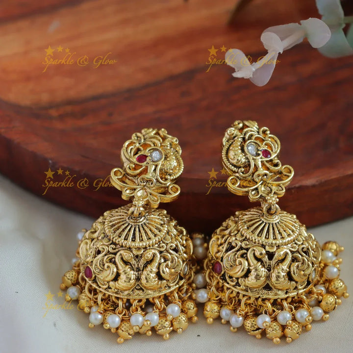 Grand Lakshmi peacock carved bridal long necklace with stones pearls and gold beads - Sparkle and Glow