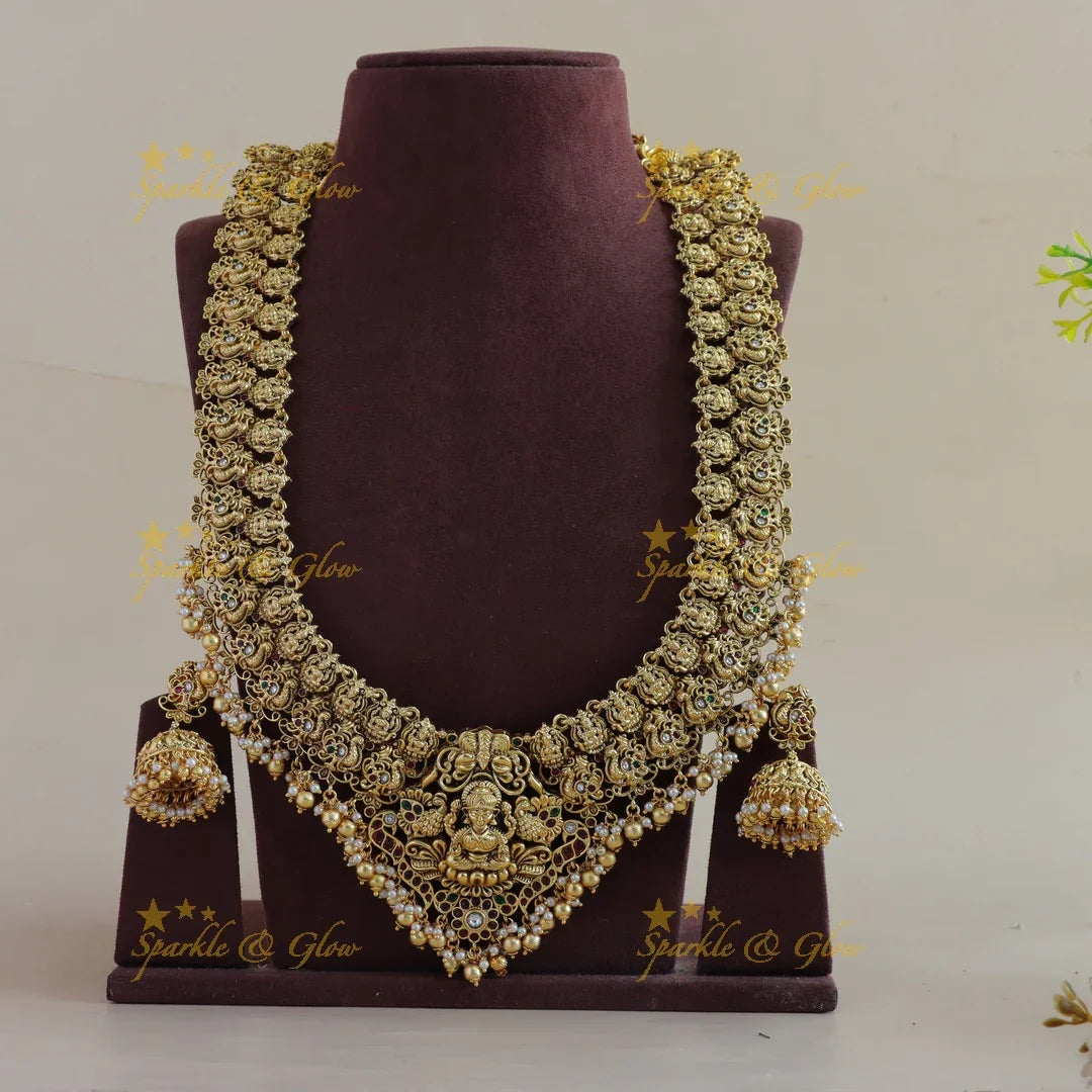 Grand Lakshmi peacock carved bridal long necklace with stones pearls and gold beads - Sparkle and Glow