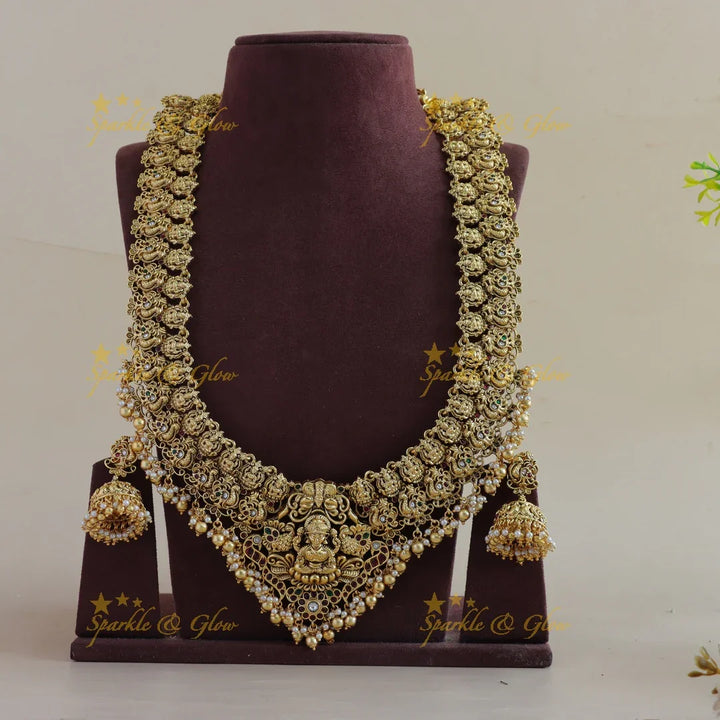 Grand Lakshmi peacock carved bridal long necklace with stones pearls and gold beads - Sparkle and Glow
