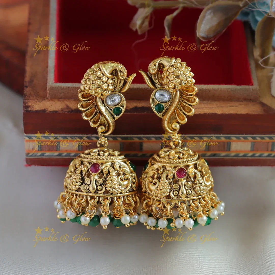 Exclusive Lakshmi peacock carved kemp stone long necklace with pearls and green beads - Sparkle and Glow