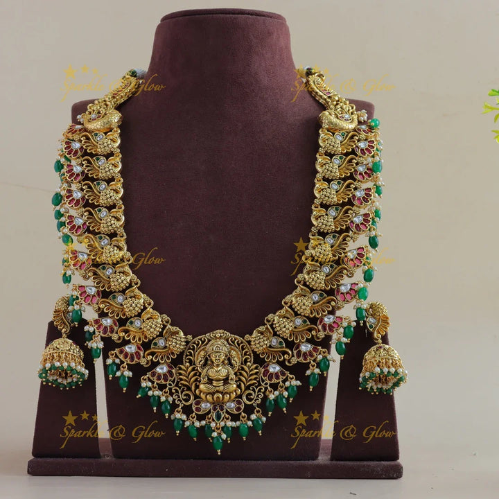 Exclusive Lakshmi peacock carved kemp stone long necklace with pearls and green beads - Sparkle and Glow