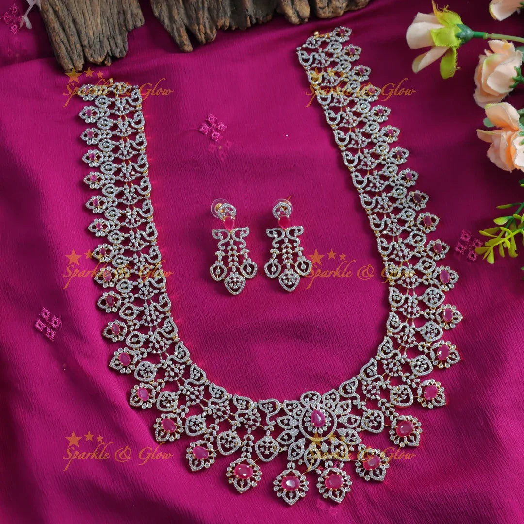 Beautiful Sunflower design American diamond Haram with Ruby Floral drop - Sparkle and Glow